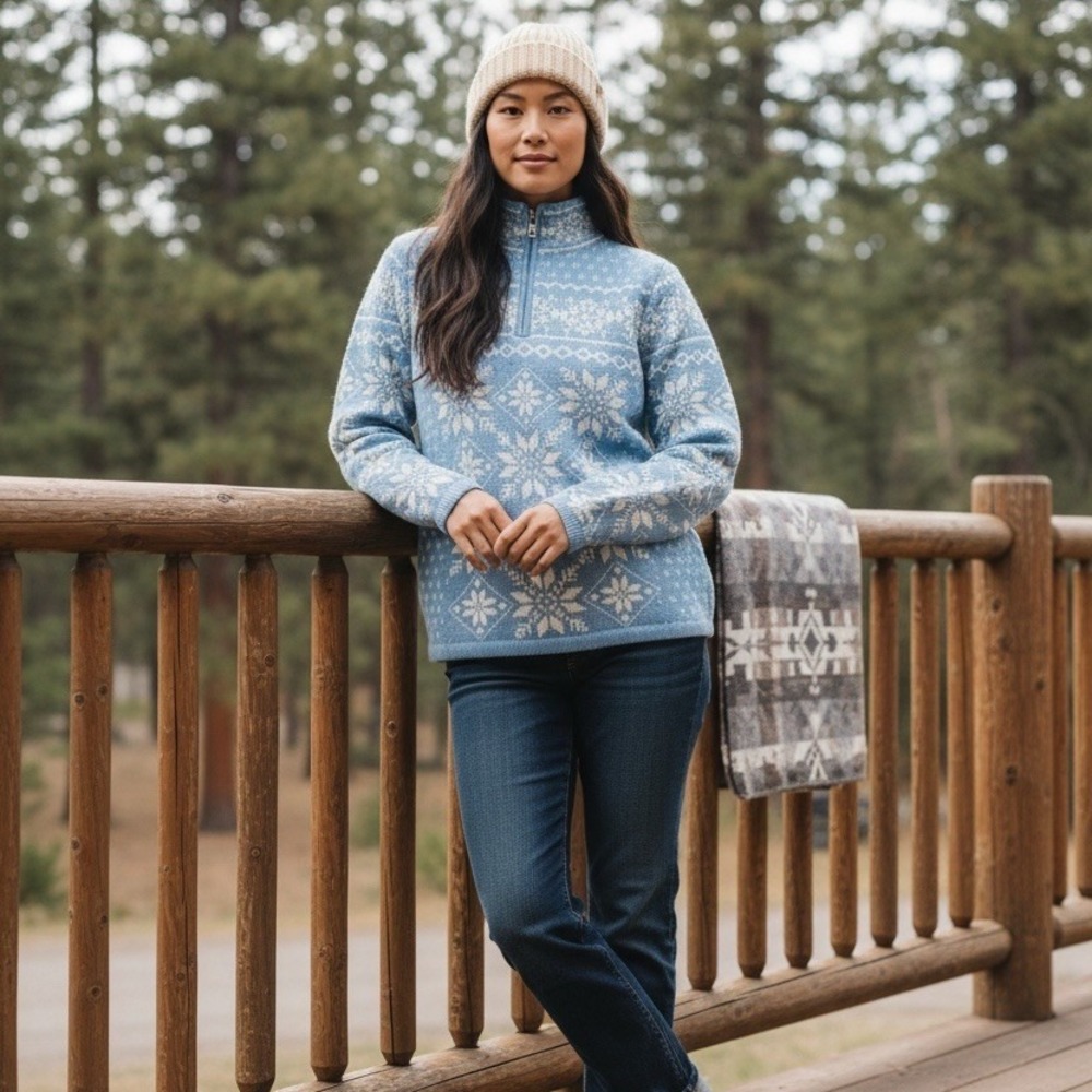 L.L.Bean Sweater Women's S Blue White Fair Isle Snowflake 1/4 Zip ski cabincore